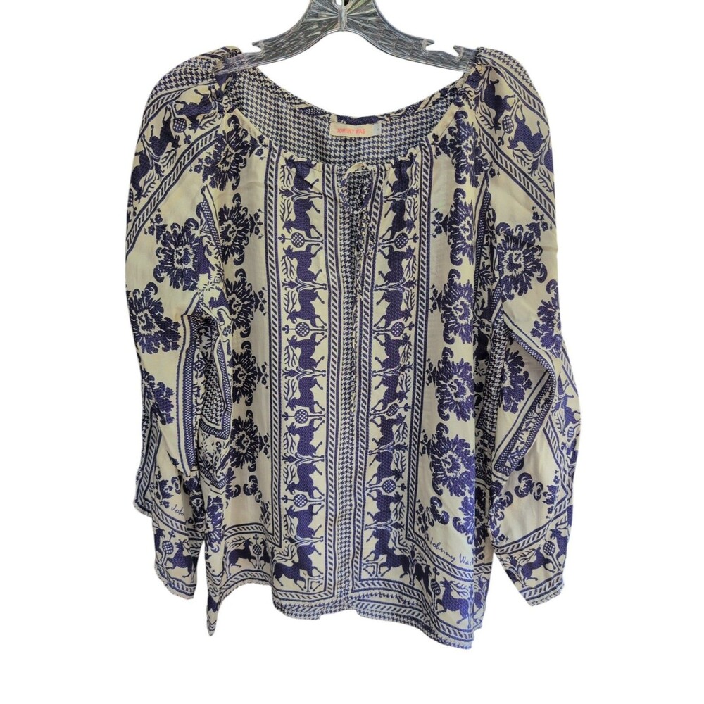 Johnny Was Size S 100% Silk Blue White Boho Blouse Tunic Deer Floral Print